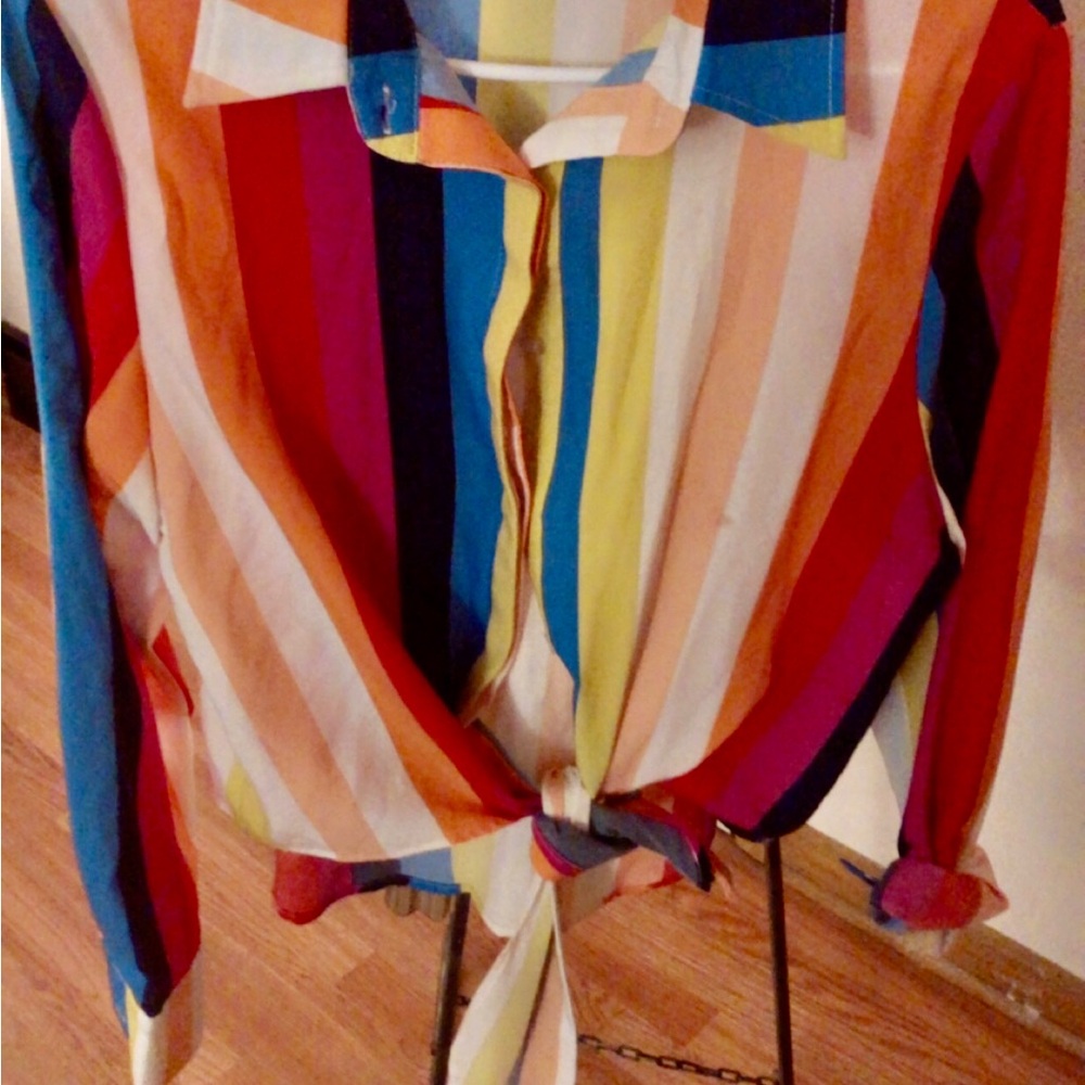 SHEIN Bright Multicolor Vertical Stripe Tie-Front Blouse